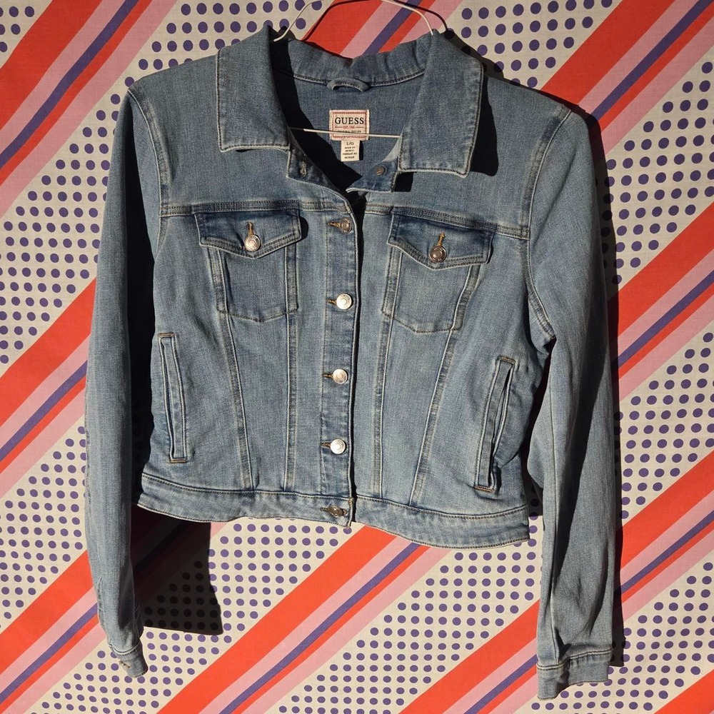 Guess Vintage Denim Trucker Jacket Blue Relaxed Fit Size Large